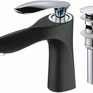 Leekayer Grifo de lavabo de baño de una sola manija, cromado, cuerpo de montaje de 1 agujero, grifo mezclador de tocador negro, grifo de baño con Leekayer Grifo de lavabo de baño de una sola manija, cromado, cuerpo de montaje de 1 agujero, grifo mezclador de tocador negro, grifo de baño con