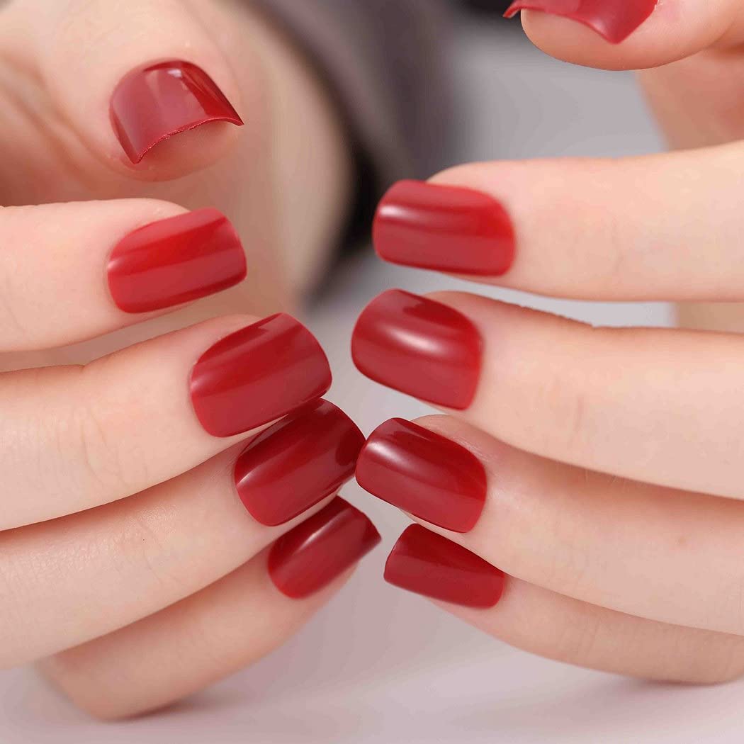 Chicque Uñas postizas cortas a presión, cuadradas, rojas, brillantes, acrílicas, bailarina, para fiesta, Halloween, para mujeres y niñas, 24 unidades