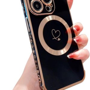 Hosgor – Funda compatible con iPhone 15 Pro Max 2023, funda compatible con protección de cámara MagSafe chapado en corazón, para mujeres y niñas, a Hosgor – Funda compatible con iPhone 15 Pro Max 2023, funda compatible con protección de cámara MagSafe chapado en corazón, para mujeres y niñas, a