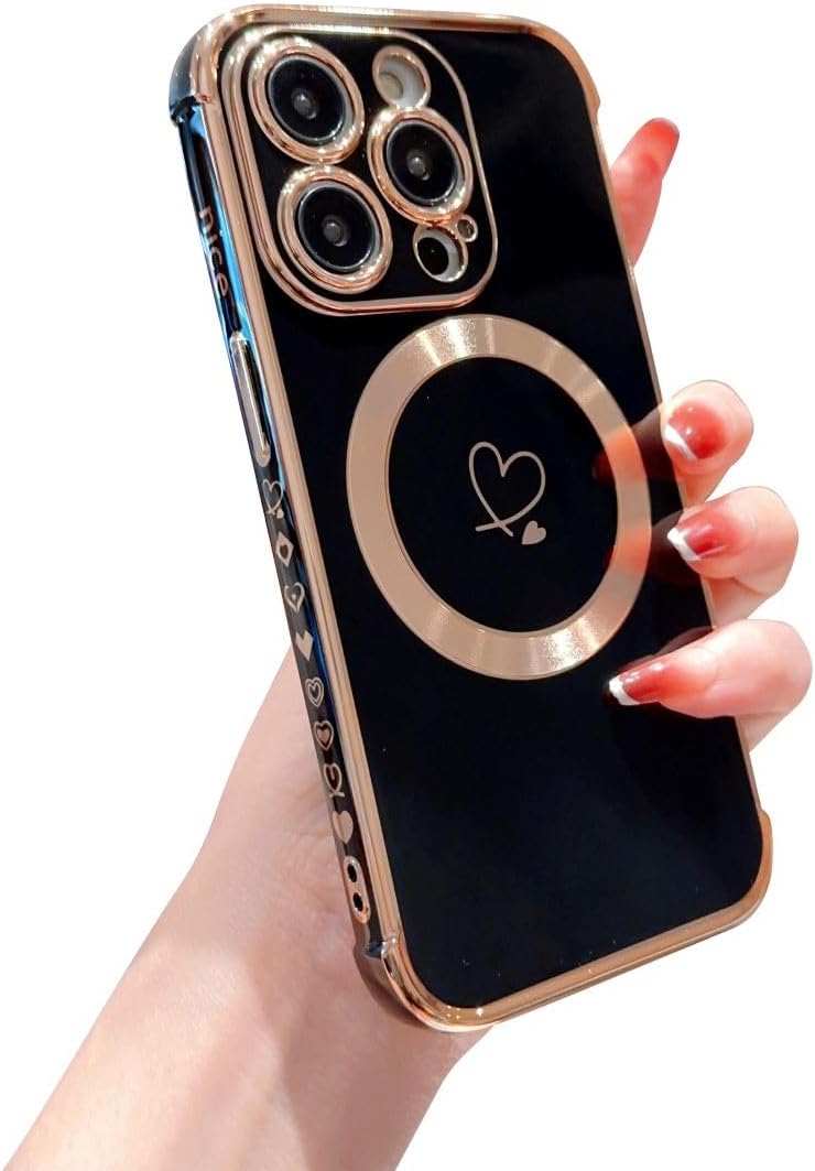 Hosgor – Funda compatible con iPhone 15 Pro Max 2023, funda compatible con protección de cámara MagSafe chapado en corazón, para mujeres y niñas, a