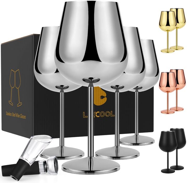 Juego de 4 copas de vino de acero inoxidable, copas de vino de metal de 21 onzas con decantador y tapón, copa de vino de acero inoxidable con tallo