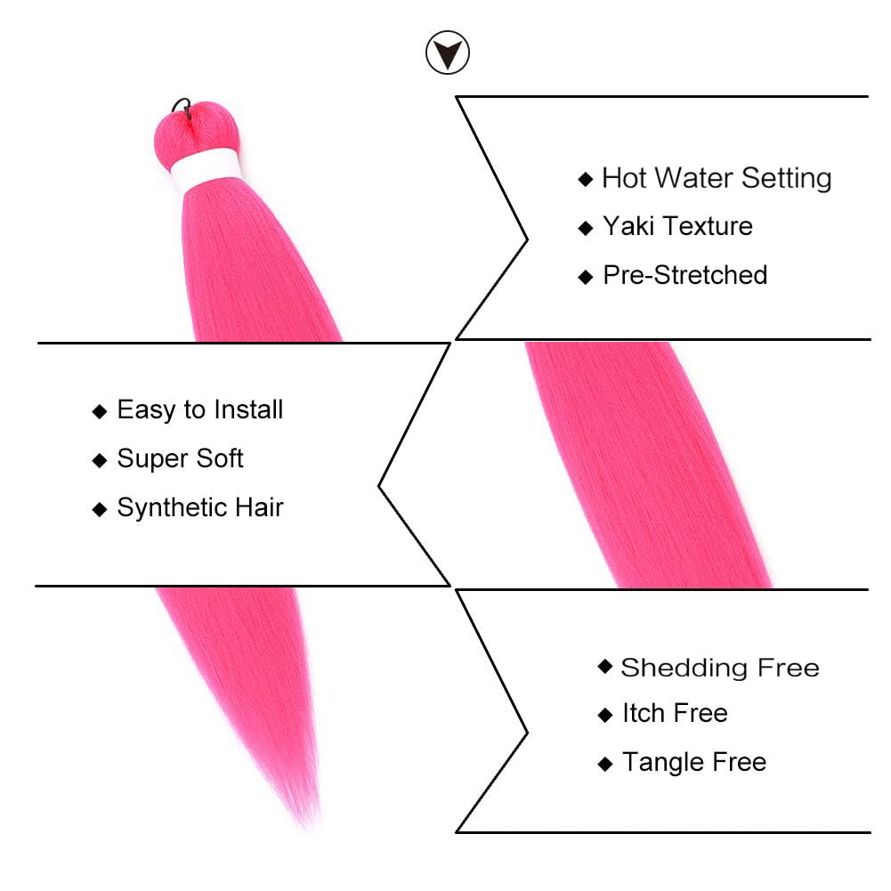 Cabello trenzado ignífugo preestirado de color rosa intenso, 3 paqueteslote, trenzas sin picazón, ajuste de agua caliente, fibra sintética, textura