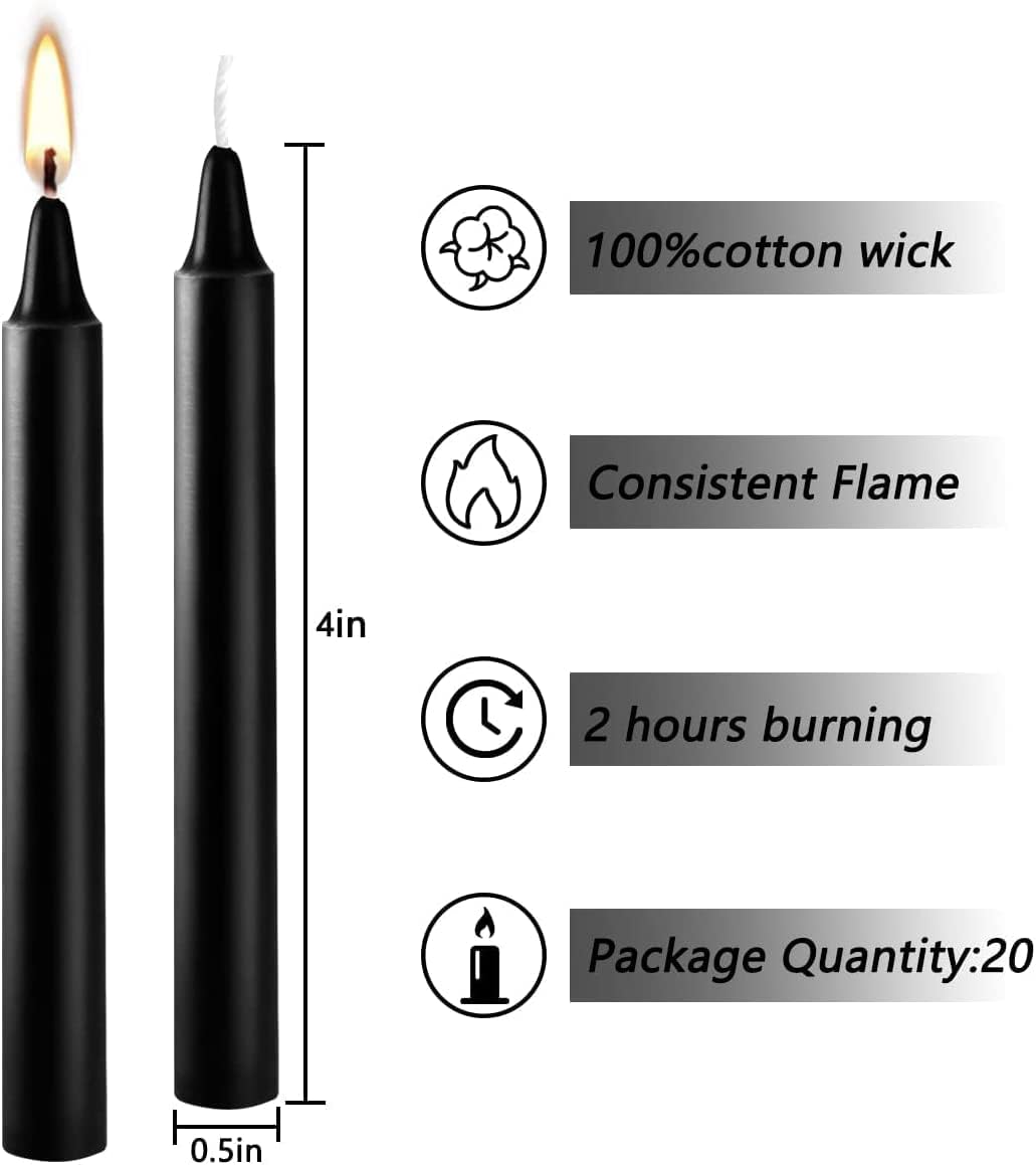 Vela cónica sin goteo de 4 pulgadas (negro), juego de 20 unidades, vela sin humo para Halloween, cena, fiesta, shabat, 1.5 horas