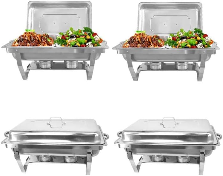 Juego de 4 platos para bufé, rectangulares de acero inoxidable, kit calentador de alimentos con tapas, bandejas para alimentos, marías y soportes