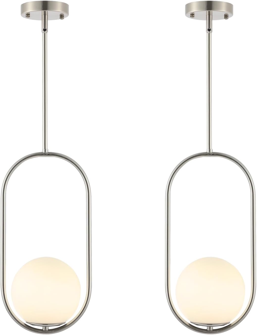 BYOLIIMA Lámpara colgante moderna con forma de globo de níquel cepillado, 1 luz de mediados de siglo, lámpara colgante de techo con globo blanco,