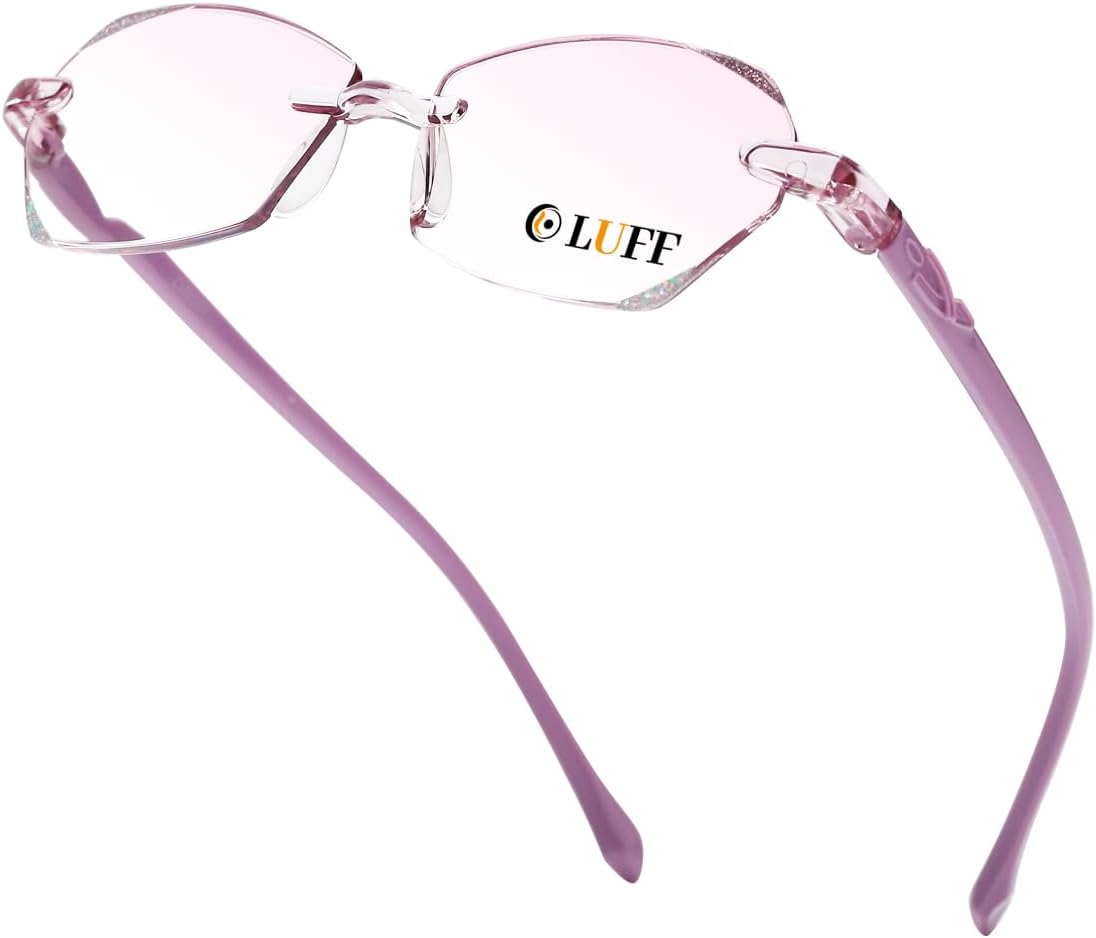 LUFF Anteojos de lectura antiluz azul sin montura para mujer, elegantes lentes de lectura sin marco con borde cortado de diamante, lectores de metal