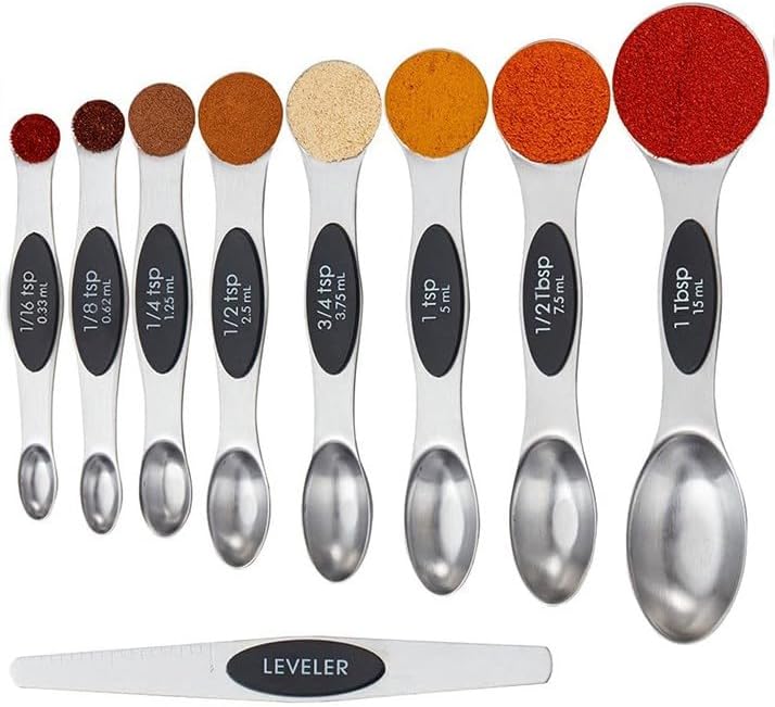 Juego de 9 cucharas medidoras magnéticas, cucharas de cocina de acero inoxidable con medida para medir ingredientes secos y líquidos