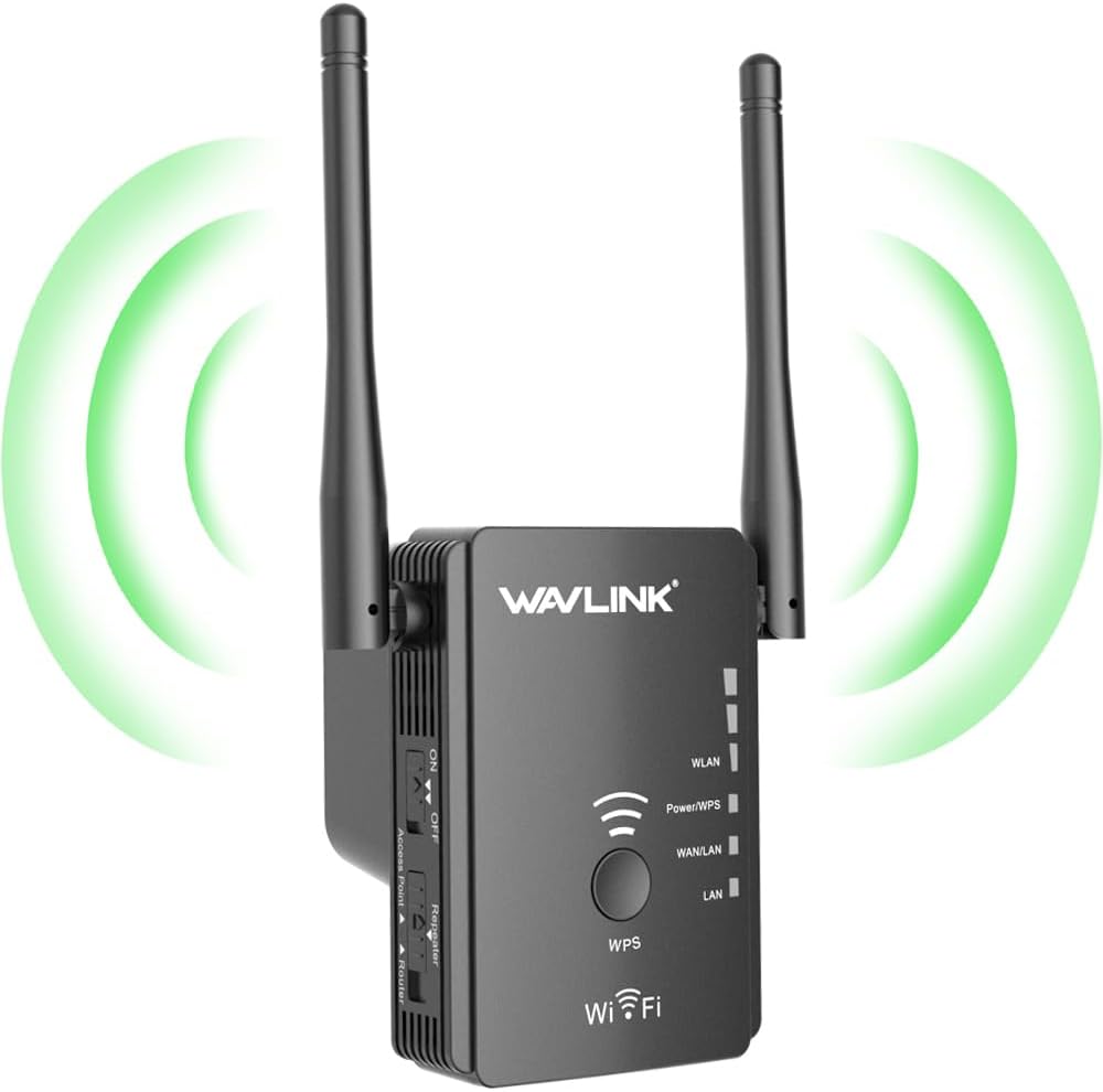 WAVLINK Extensor WiFi, extensor de alcance WiFi N300 para el hogar, banda de 2.4 GHz con puerto Ethernet doble, antena externa y botón WPS, enchufe