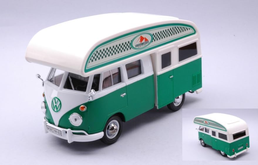 VW Tipo 2 (T1) Camper Van Verde y Blanco para acampar al aire libre Explore The Forest 124 Modelo de auto fundido a presión por Motormax 79592