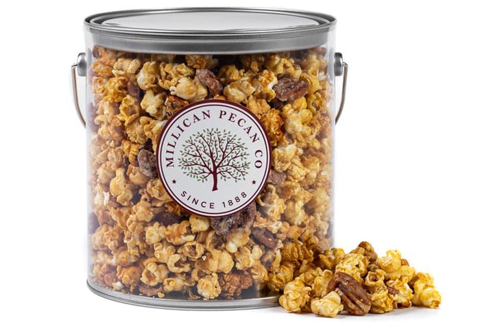 Palomitas de maíz gourmet de nuez y caramelo con nueces praliné, cubo de 1 galón  Millican Pecan since 1888  San Saba, Texas