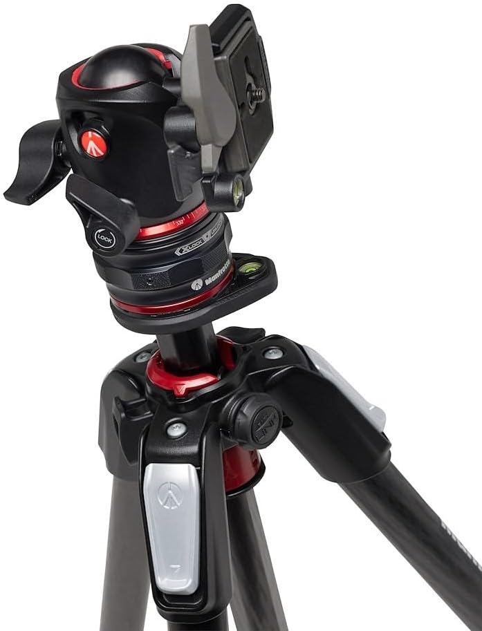 Manfrotto Kit de trípode de carbono de 4 secciones, trípode para cámara con cabezal de bola con sistema de liberación rápida de movimiento, kit de