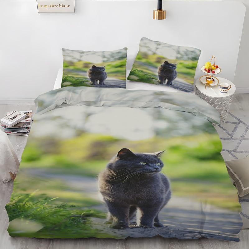Green Shorthair Cat Duvet Cover Full Animal Print Bedding Sets Full Soft Microfiber Comforter Cover and 2 Pillow Shams 20″X26″, Bed Set Duvet Covers