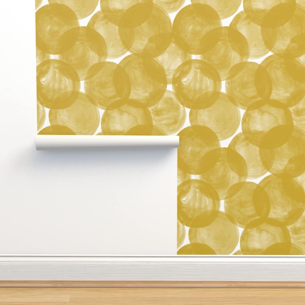 Spoonflower Peel & Stick Wallpaper Swatch – Watercolor Mustard Yellow Gold Polka Dots Geometric Bold Circles Round Custom Removable Wallpaper