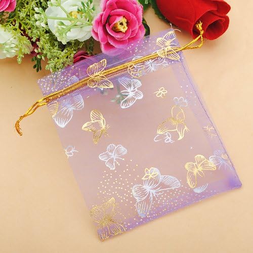 100 bolsas de organza con cordón de mariposa púrpura para pestañas, bolsas de regalo de fiesta, boda, 3.8 x 4.7 pulgadas