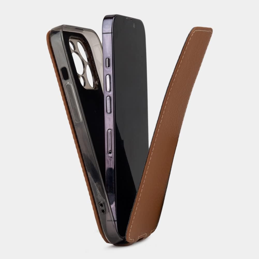 Marcel Robert – Funda con tapa de piel auténtica para iPhone 14 Pro – Modelo patentado – Fabricado en Francia – Caramelo