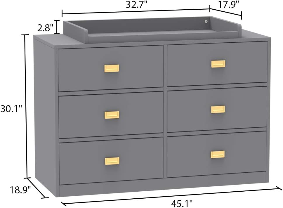 AIEGLE Cómoda para bebé con 6 cajones y cambiador, cómoda para dormitorio de niños, organizador de almacenamiento de madera en gris (45.1 pulgadas
