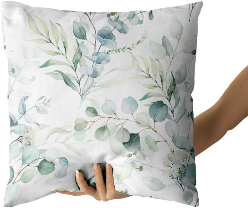 Juego de 2 fundas de almohada de hojas verdes salvia primaveral de 16 x 16 pulgadas, fundas de cojín de acuarela floral de eucalipto, estampado de