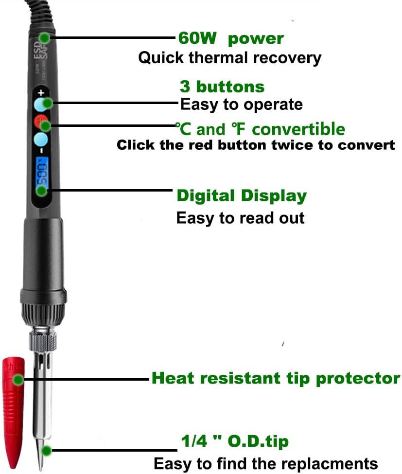 Herramienta de inserción de calor de hierro de soldadura digital de 60 W con puntas de soldadura adicionales y puntas de inserción de conjunto de