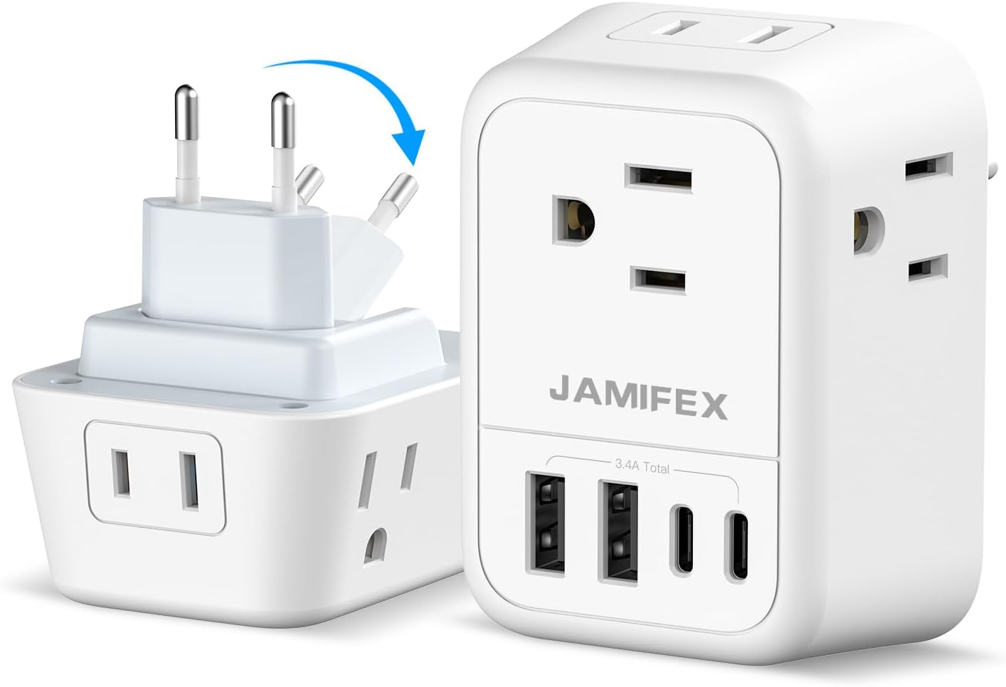 Adaptador de enchufe de viaje europeo plegable, adaptador de enchufe de alimentación internacional JAMIFEX con 4 tomas, 4 puertos USB (2 USB-C),