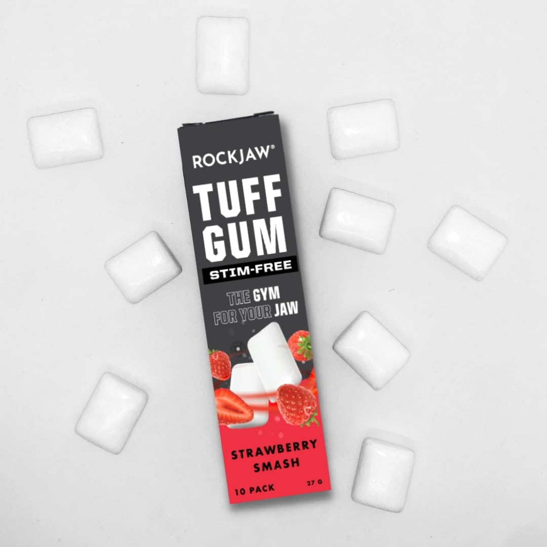ROCKJAW Tuff Gum 2.0 con vitaminas B (sin time), paquete de 10 unidades, 100% xilitol, sin aspartamo, sin azúcar (Strawberry Smash)