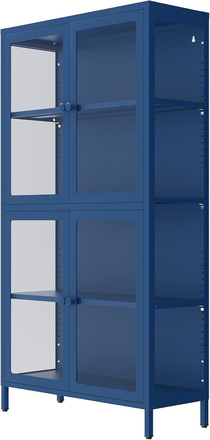 Vitrina de cristal con 4 estantes ajustables y pies de acero laminado en frío, armario de almacenamiento de 4 niveles con 2 puertas de vidrio,