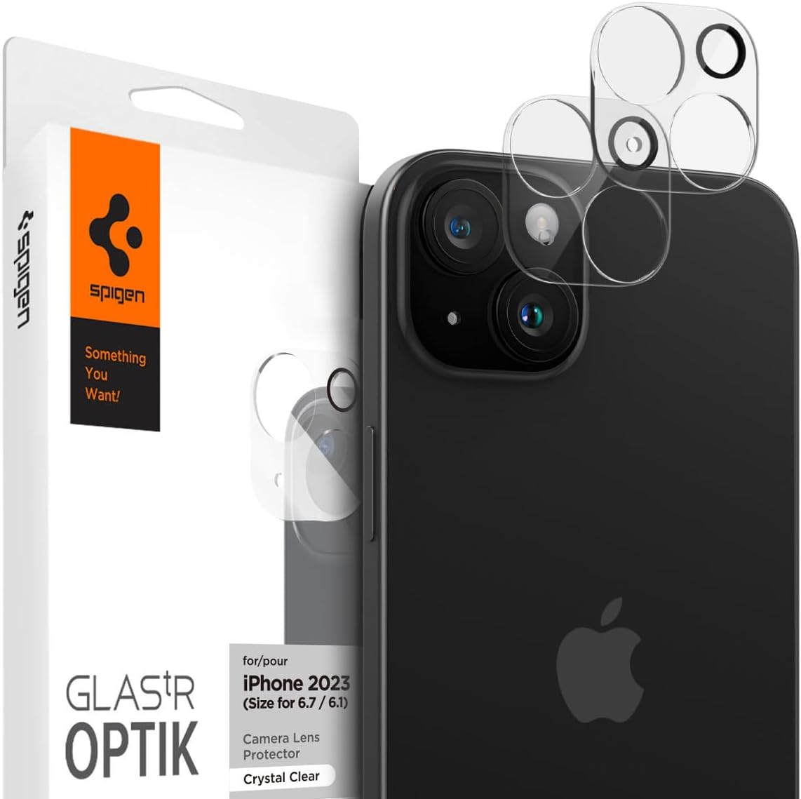 Spigen GlasTR Optik – Protector de pantalla para lente de cámara diseñado para iPhone 15 PlusiPhone 15 compatible con fundas, transparente (paquete