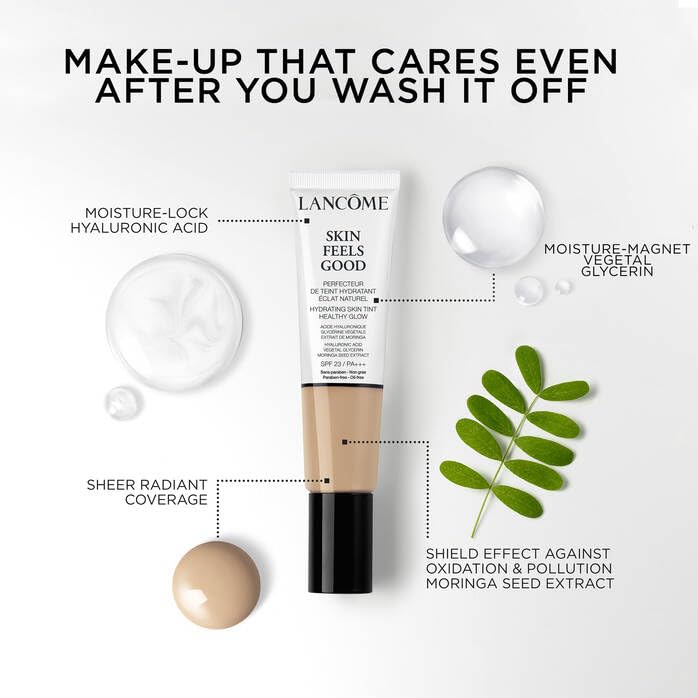 Lancôme Skin Feels Good Hidratante Tintado Hidratante con SPF 23 – Base sin aceite y ligera – Cobertura transparente con acabado brillante saludable