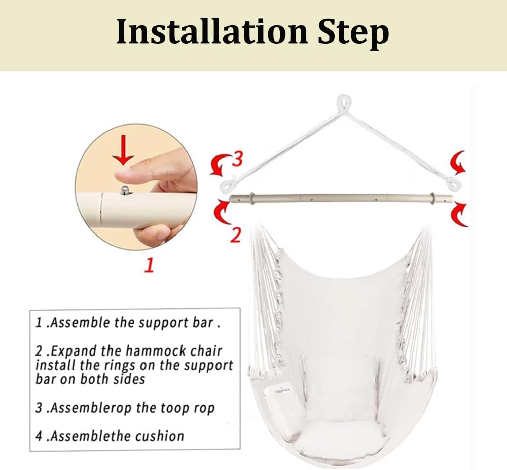 Silla de hamaca colgante con cuerda, silla colgante de lona gruesa que incluye 2 cojines de asiento, máximo 500 libras, hamaca columpio con barra de