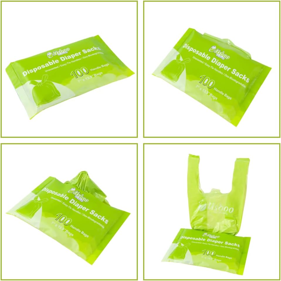 Bolsas de pañales desechables biodegradables, 100 unidades, capacidad de 10 onzas, asas fáciles de atar, cómodas y ecológicas