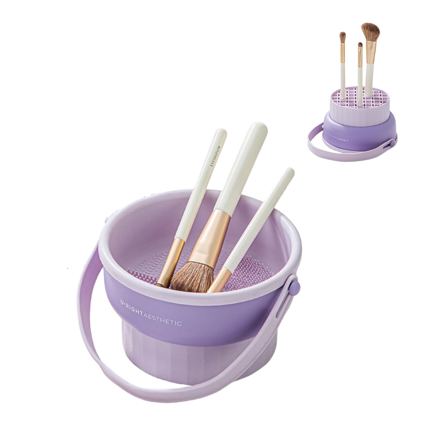 Cuenco limpiador de brochas de maquillaje de silicona, tapete de limpieza de brochas de cosméticos 2 en 1 y soporte de secado de brochas de