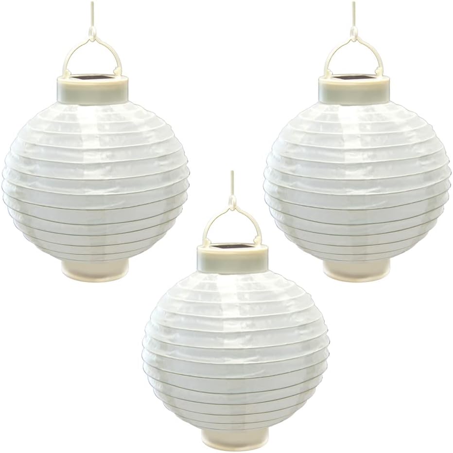 LumaBase Faroles de nailon con energía solar, color blanco, juego de 3
