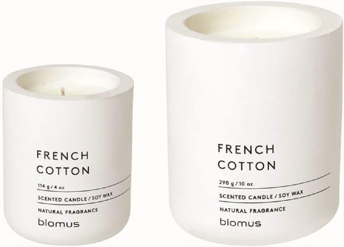 blomus FRAGA – Juego de velas blancas con aroma de algodón francés, contiene 1 vela Lg + 1 Sm