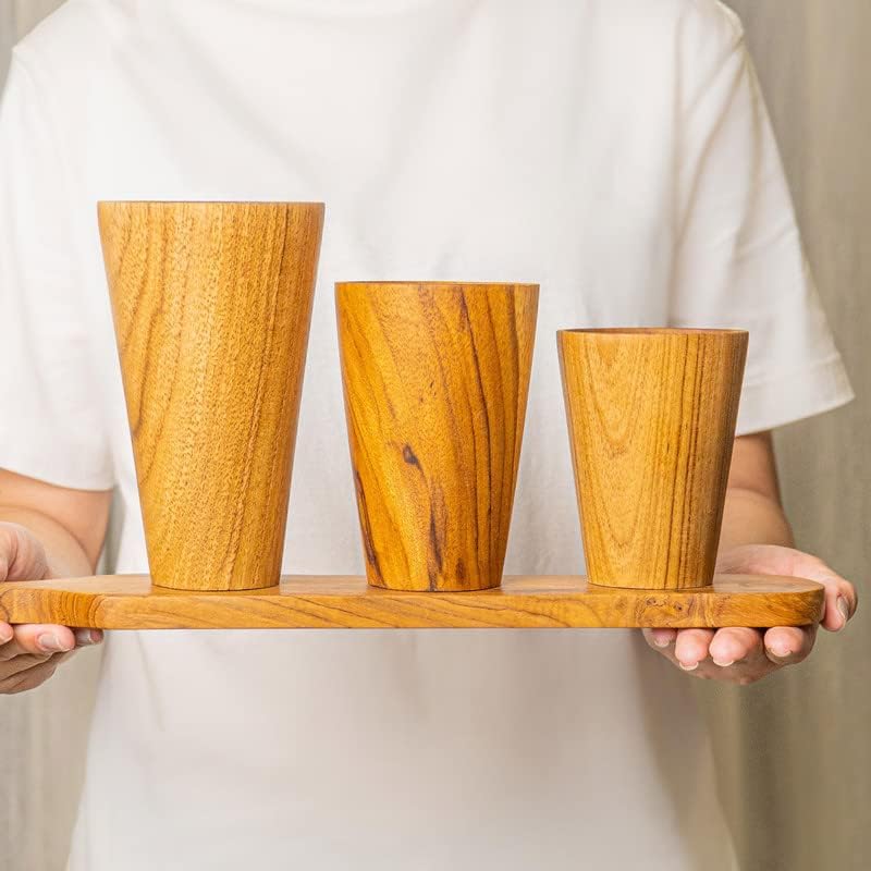 Juego de 2 tazas pequeñas de madera de teca javanesa de lados rectos, 6.8 onzas, ideal para técaféleche, bebidas calientes y frías, ultra duradero,