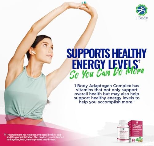 1 Body Suplemento complejo Ashwagandha – Fórmula adaptógeno – Suplemento de enfoque y apoyo energético para hombres y mujeres – 180 cápsulas veganas