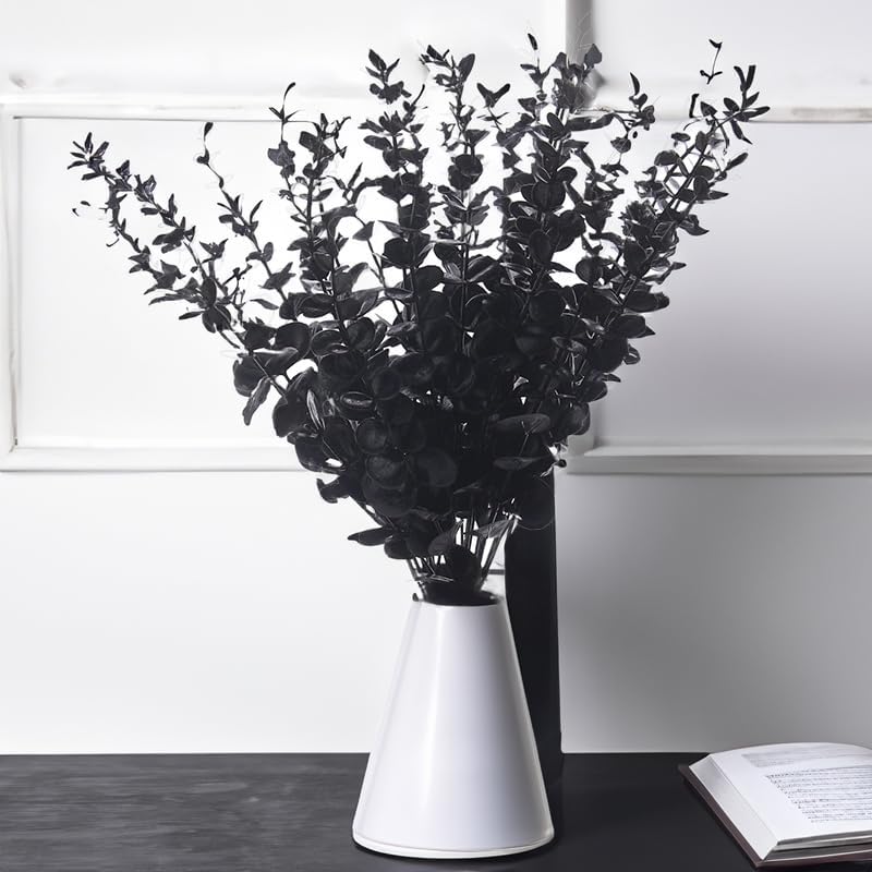 40 tallos de eucalipto negro, flor falsa de Halloween, ramas de eucalipto sintético, ramo floral de Halloween negro para decoración de centro de