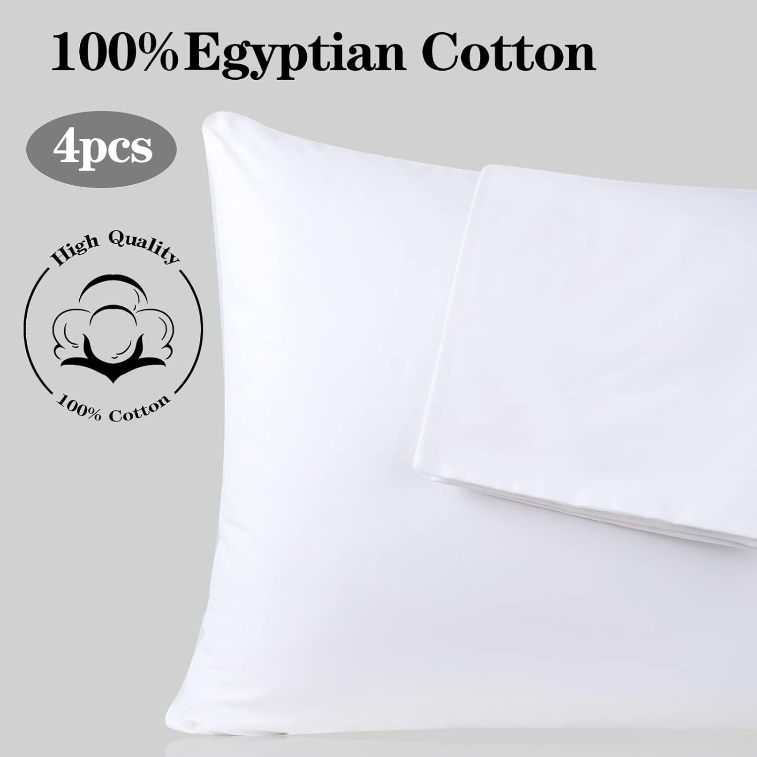 Juego de 4 protectores de almohada 100% de algodón egipcio de 600 hilos tamaño Queen con cremallera, fundas de almohada de tejido satinado,