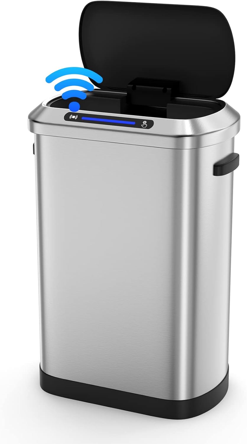 Bote de basura automático inteligente de 13 galones de 50 litros con tapa, cuerpo grueso de acero inoxidable y tapa de sensor sin tacto súper