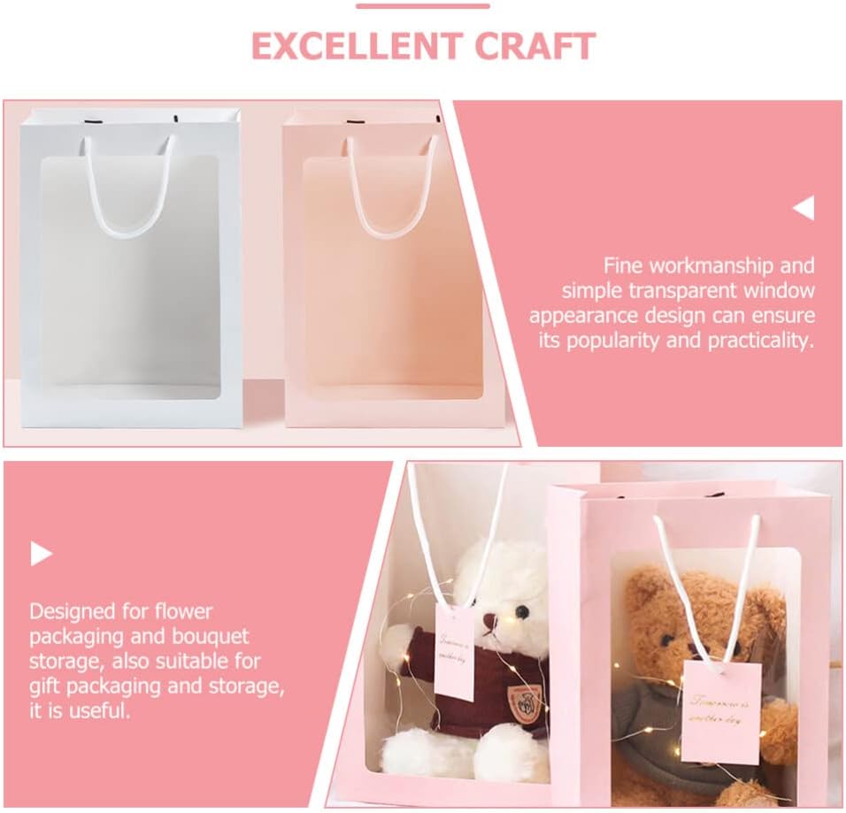 iplusmile 10 bolsas de regalo rosas con ventana, bolsas de regalo de ramo de flores con asas de 13.4 x 9.1 x 3.9 pulgadas, bolsa de compras de papel