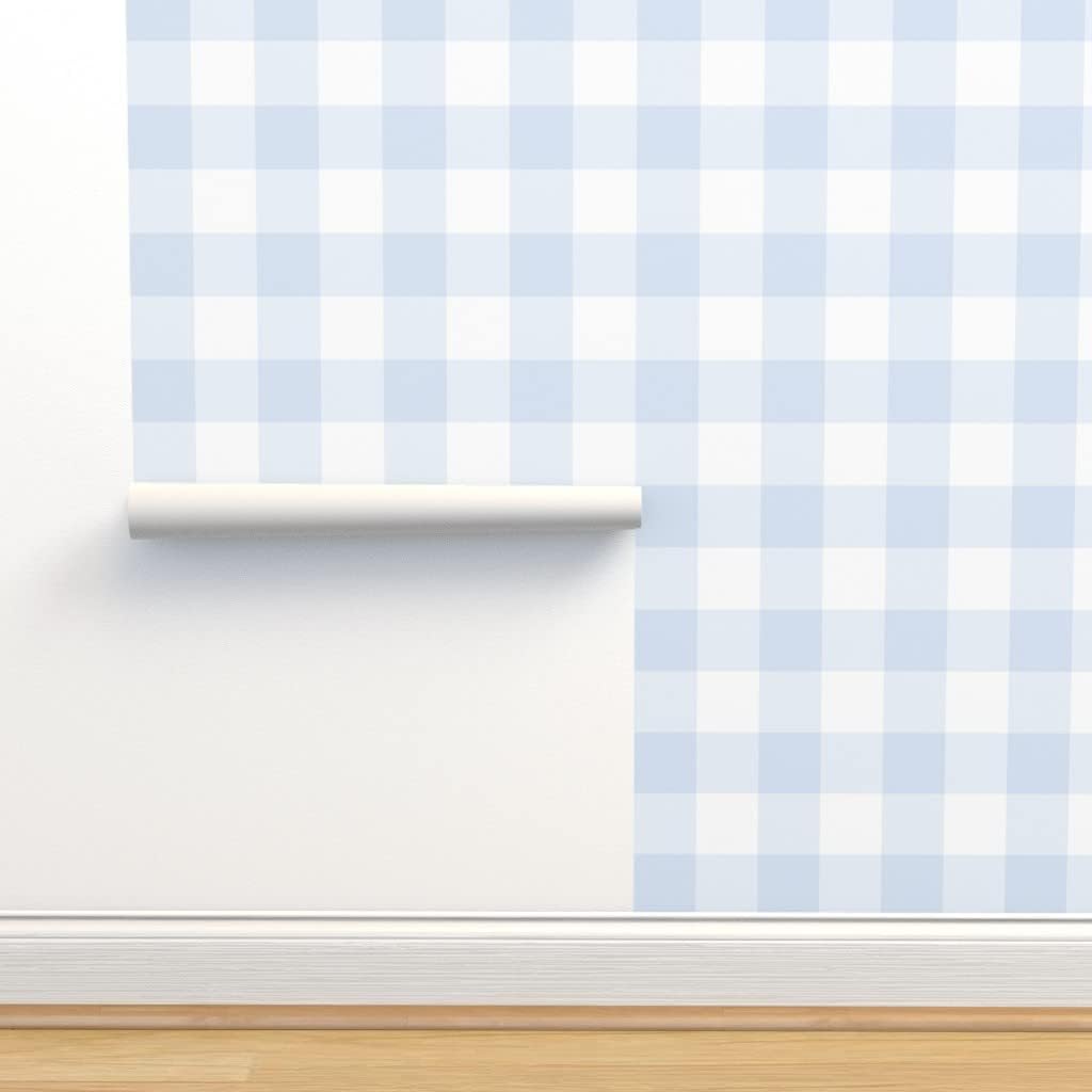 Spoonflower Despegar y pegar papel tapiz Swatch – Azul Gingham grande Check Inch Niños Decoración del hogar Blanco Papel pintado extraíble
