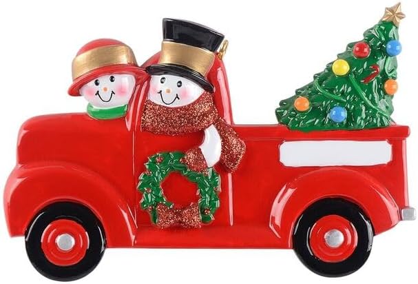 Adorno de Navidad personalizado de muñeco de nieve para pareja en camioneta roja 2023  Camión rojo vintage con adorno colgante de árbol de Navidad,