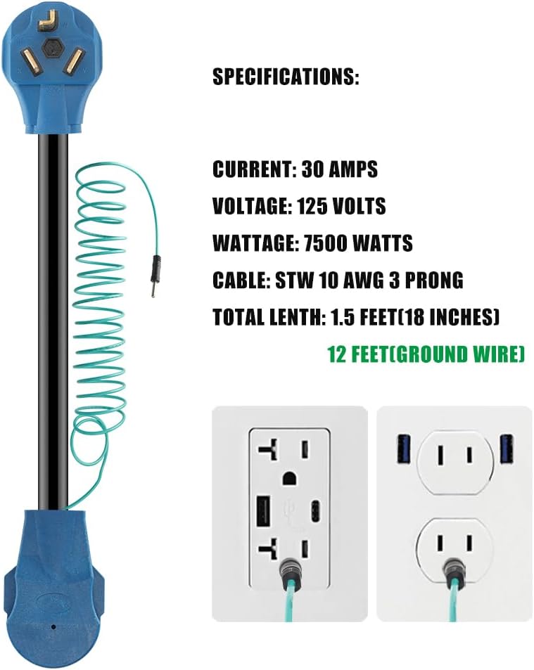 Cable adaptador de secadora 10-30P macho a 14-30R hembra con cable de tierra de 12 pies, convierte el enchufe de secadora de 4 clavijas a una salida