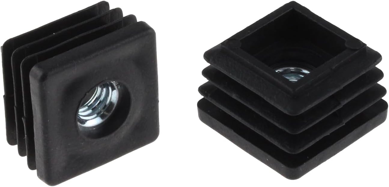 SQXBK Tapones de tuerca de tubo cuadrado de plástico ajustables, 25 x 25 pulgadas, pies de nivelación de altura negros, insertos cuadrados, medidor