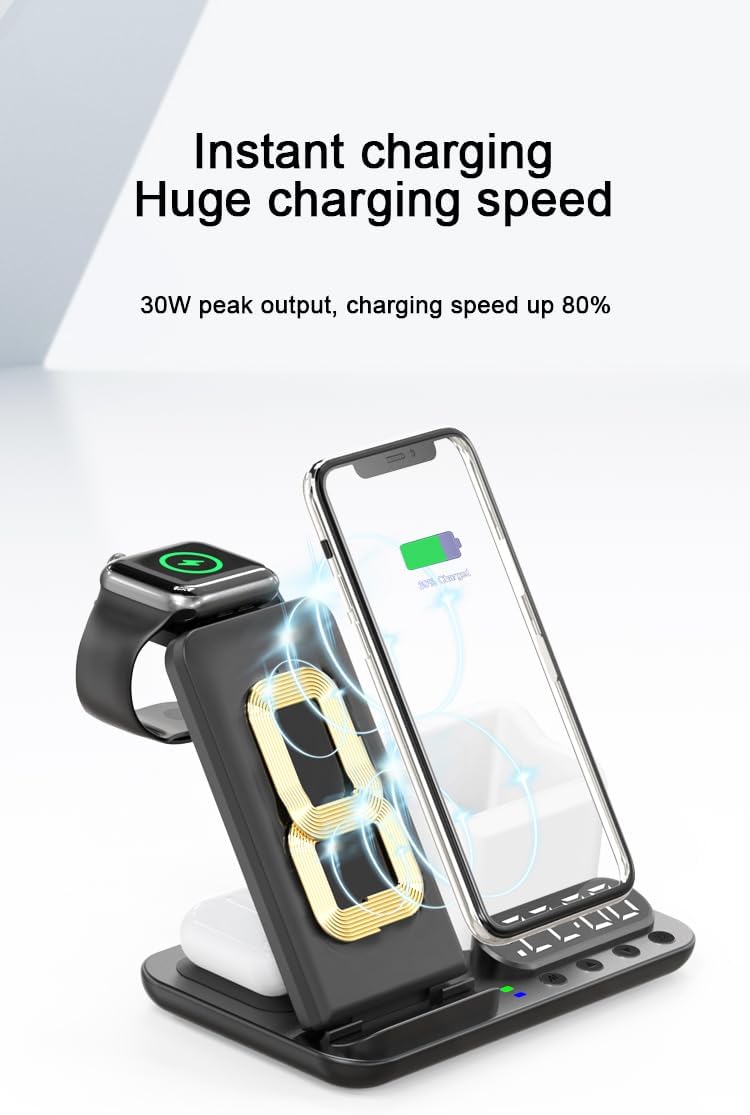 Plegable 6 en 1 con 2 bobinas, soporte de cargador inalámbrico rápido de 15 W y con reloj despertador digital y luz nocturna para iPhone 141312