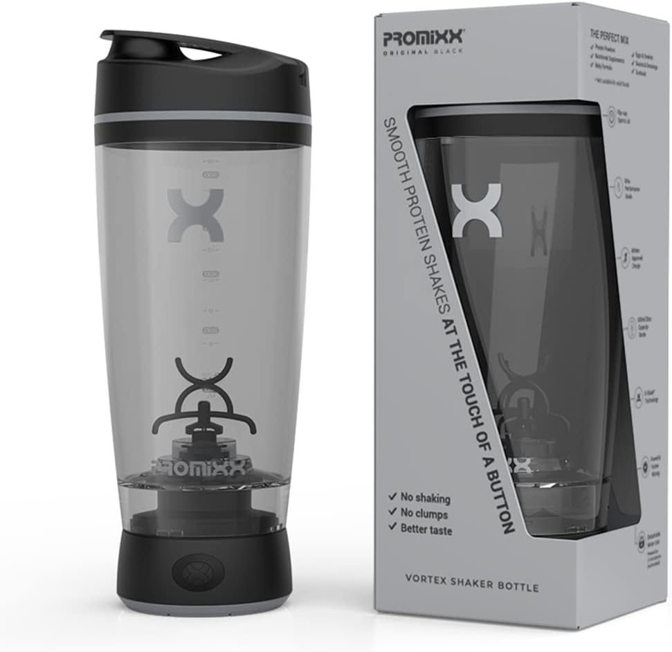 Promixx Botella mezcladora original, funciona con pilas para batidos de proteínas suaves, sin BPA, taza de 20 onzas (negro)
