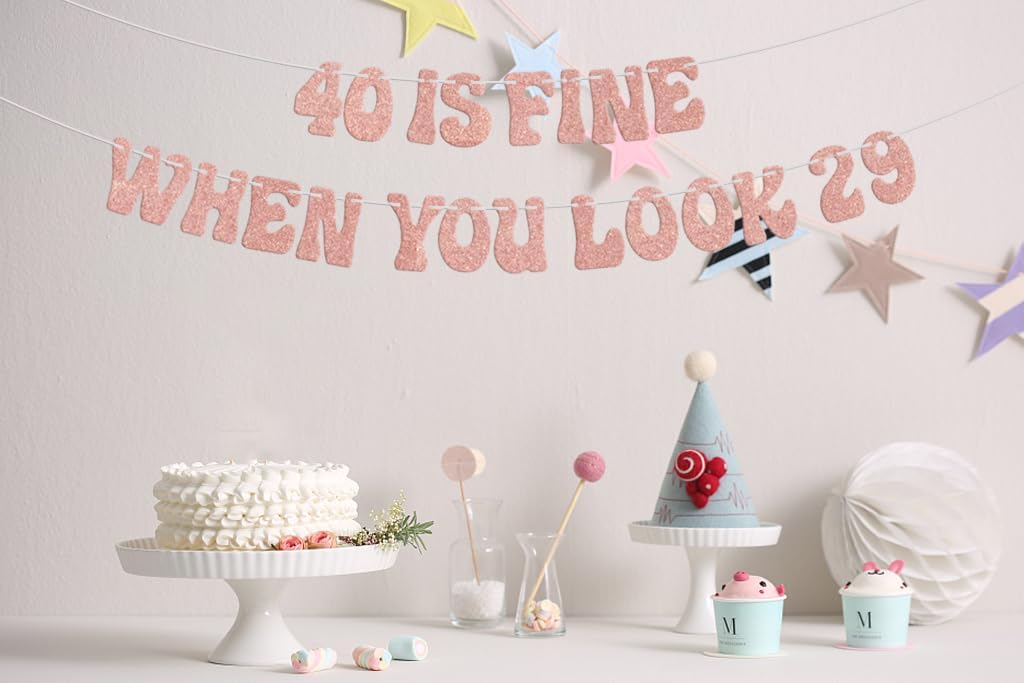 Cartel con texto en inglés 40 is Fine When You Look 29, decoraciones de feliz cumpleaños 40, Hello 40, divertida decoración de fiesta de aniversario