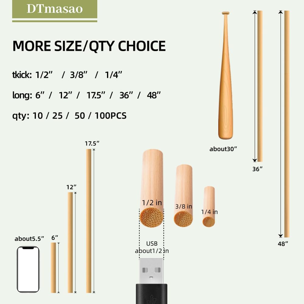Dtmasao 25 varillas de madera para clavijas de madera, varillas de bambú sin terminar de 14 x 17.5 pulgadas, para manualidades y bricolaje