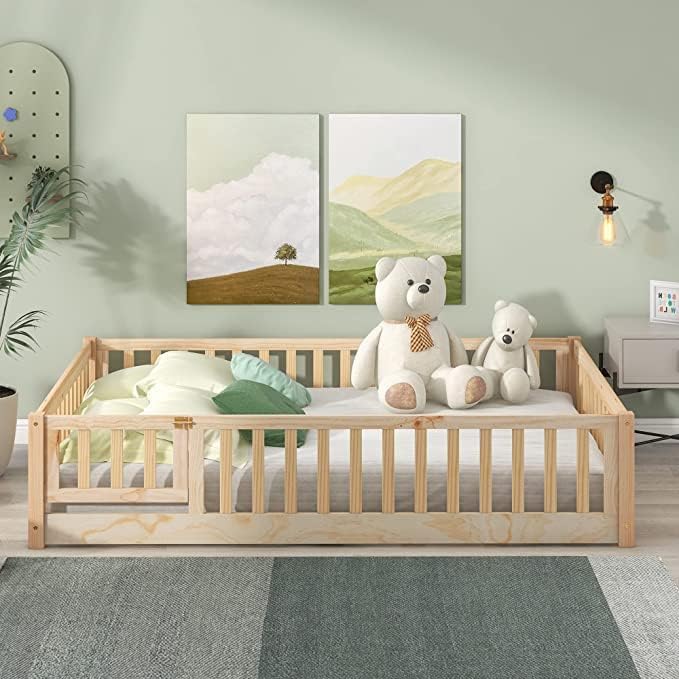 i-POOK Cama de plataforma Montessori de tamaño individual, marco de cama con barandillas en forma de valla y plataforma de madera maciza con 7