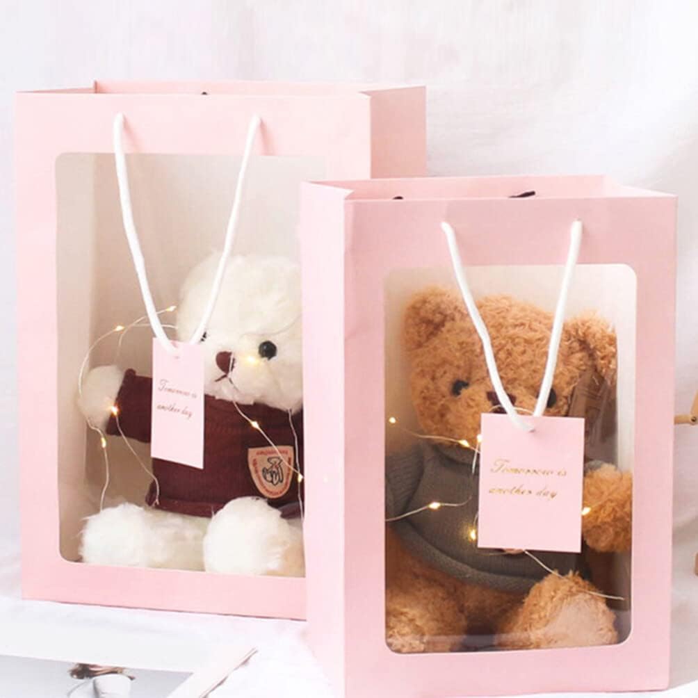 iplusmile 10 bolsas de regalo rosas con ventana, bolsas de regalo de ramo de flores con asas de 13.4 x 9.1 x 3.9 pulgadas, bolsa de compras de papel