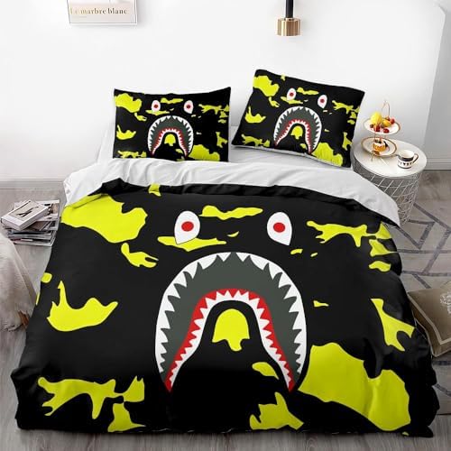 Juego de funda de edredón de tiburón camuflaje con estampado 3D para decoración de habitación, juego de ropa de cama supersuave de 3 piezas (1 funda