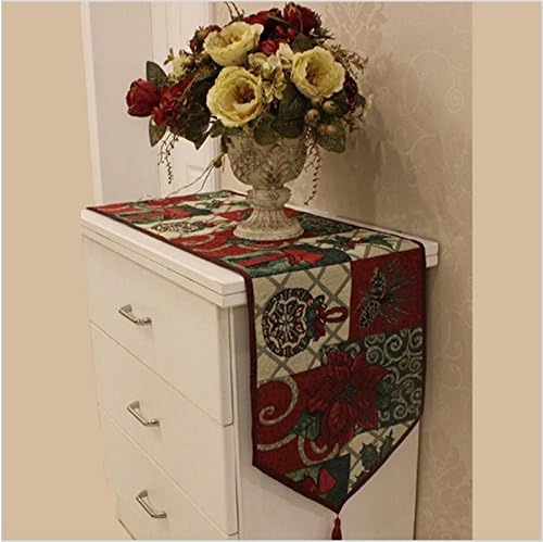 Camino de mesa decorativo de Navidad de 13 x 71 pulgadas, tejido jacquard rojo de flor de pascua verde, hojas verdes, alegría, paz, amor, flor de